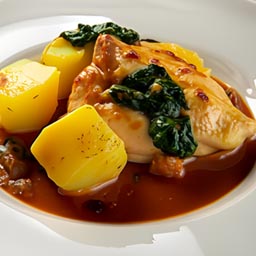 Sautéed chicken breasts in a rich Marsala wine sauce, served with roasted potatoes and sautéed spinach.