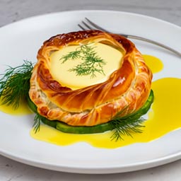 Flaky salmon fillet wrapped in puff pastry, baked to perfection, and drizzled with a lemon-dill cream sauce.