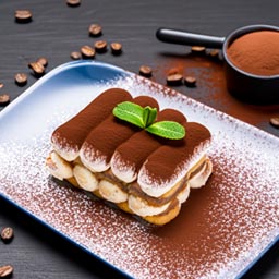 Layers of espresso-soaked ladyfingers and mascarpone cheese, dusted with cocoa powder.